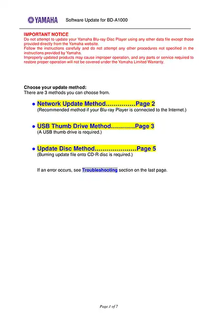 yamaha雅马哈BD-A1000 Software Update Version 1.7712_Installation_Manual